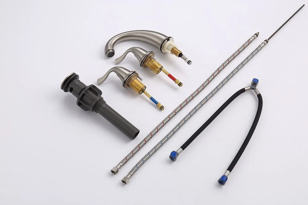 Brushed Nickel Bathroom Faucet, Bathroom Vanity Sink Faucets with Pop-up Drain and Supply Hoses Two Handles Widespread 8 Inch