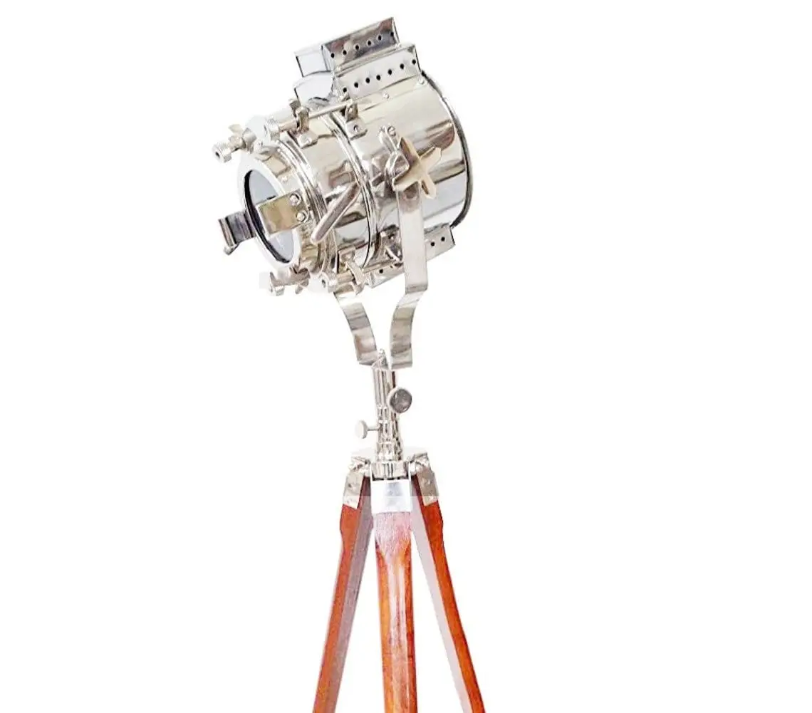 Modern Hollywood Searchlight Floor Lamp with Chrome Nickel Spotlight and Wooden Tripod Stand Large for Living Room