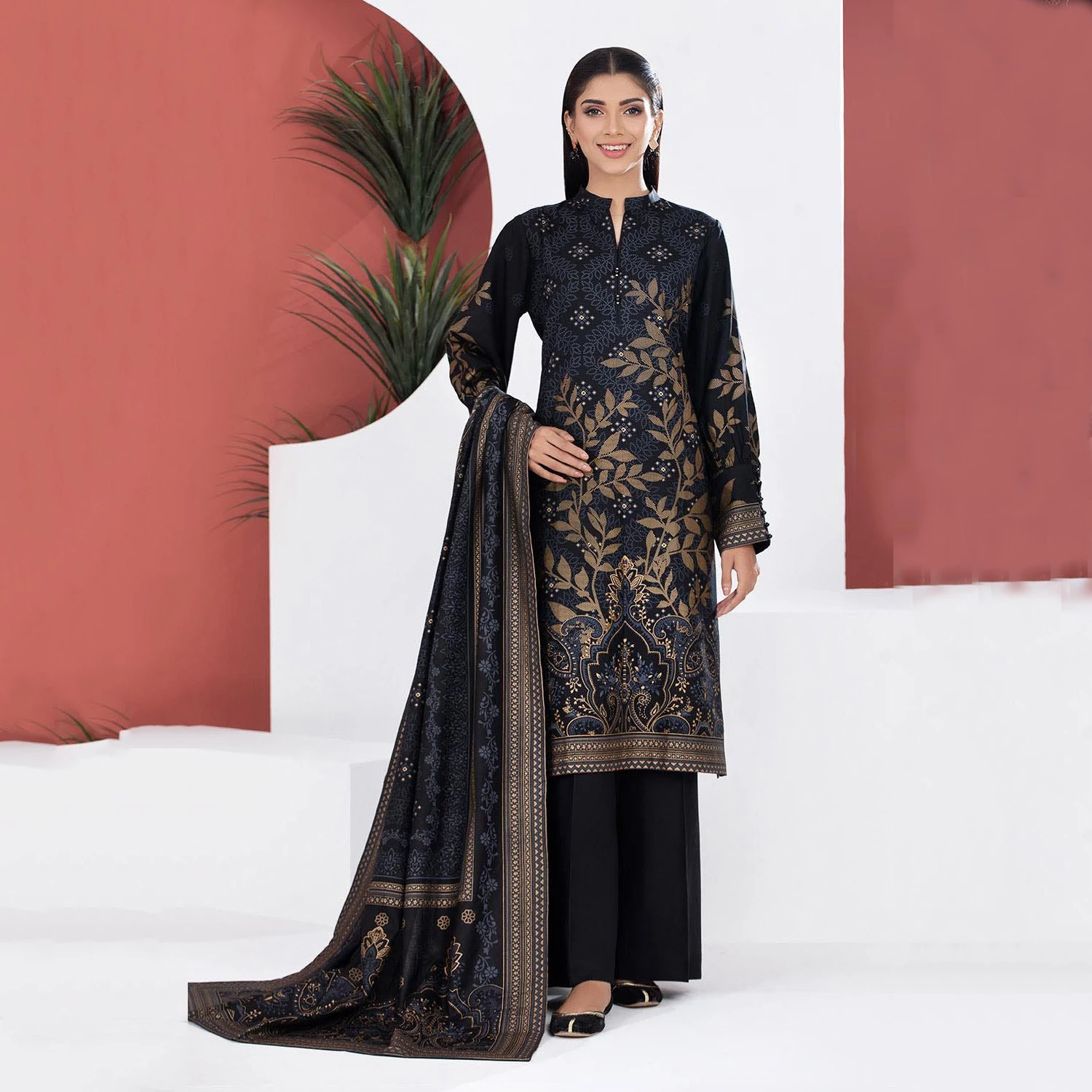 Wedding Wear Long Shirt Elegant Long Sleeve Printed Dress Pakistani Salwar Kameez With Dupatta