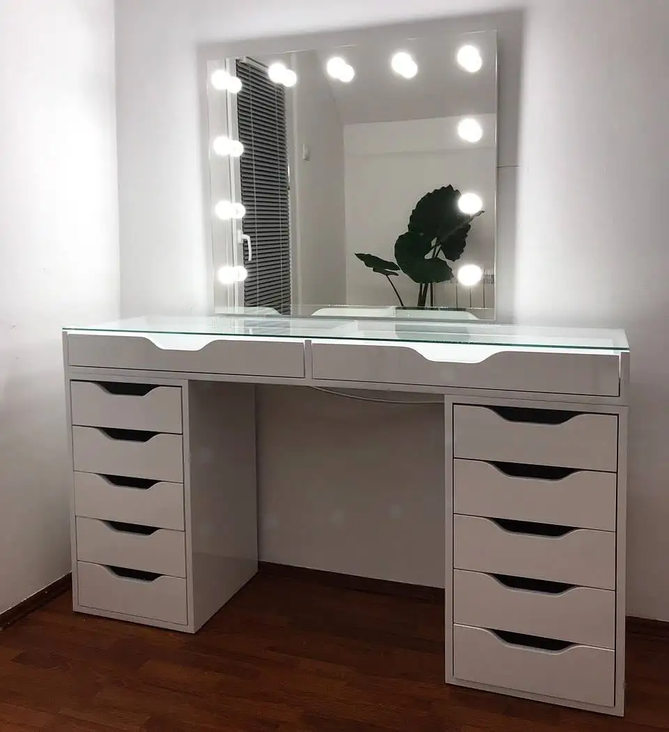 New Hot Sale Home Bedroom Furniture Set Glass Table Top Wood Dressing Table Modern LED Makeup Vanity Desk With Mirror And Drawer