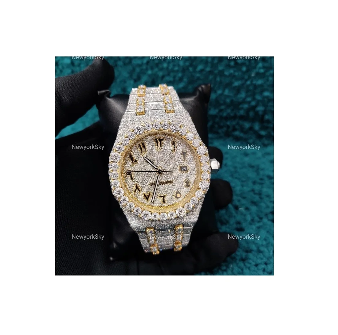 Handmade Luxury Automatic Movement Mechanical VVS Moissanite Diamond Iced High Quality Stainless Steel Watch Glass Band Male