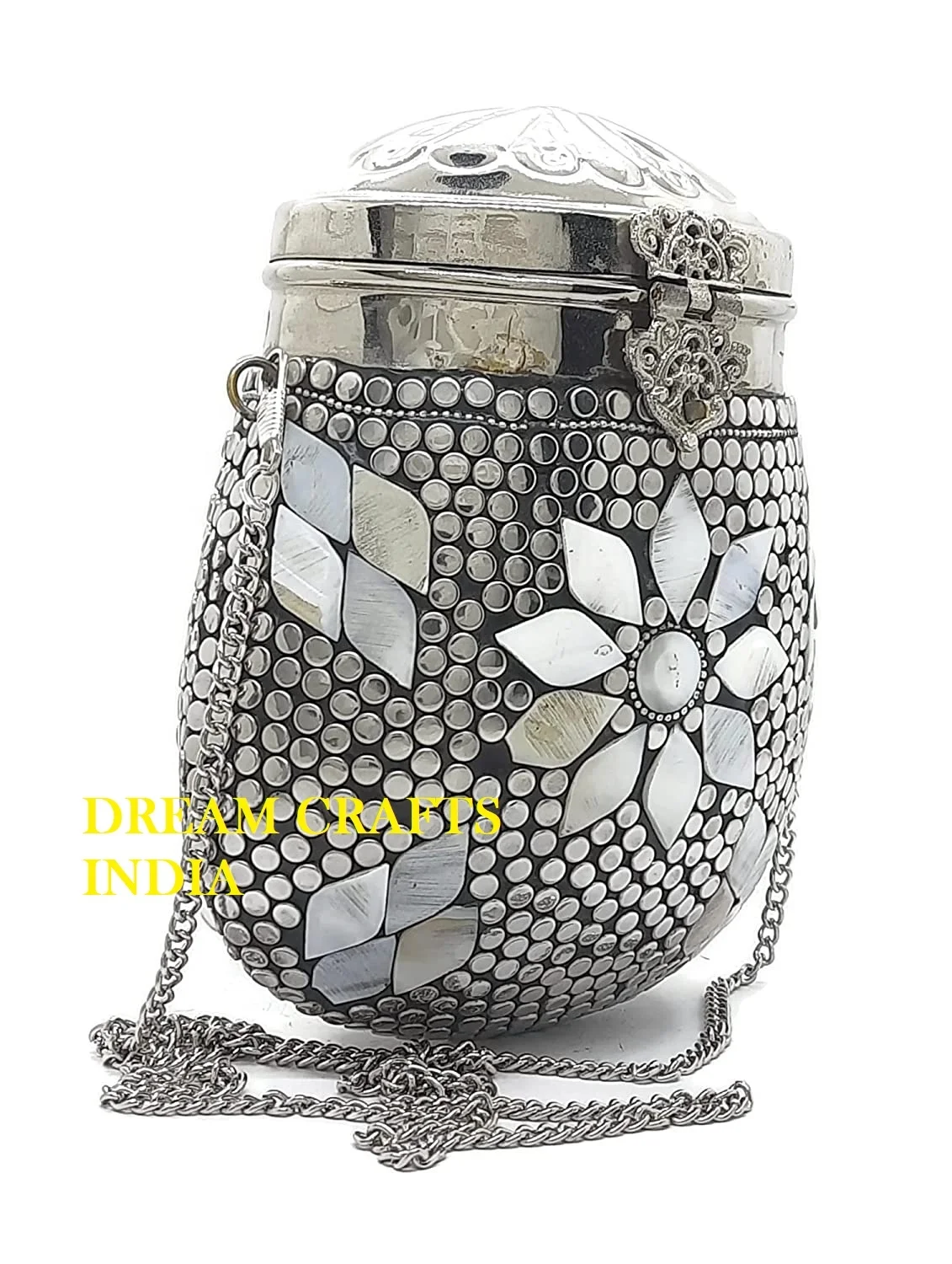 Antique Indian Handmade Women Bridal Ladies Metal Clutch Slings Bag Ball Shape ethnic mosaic Boho Golden silver cross body bags