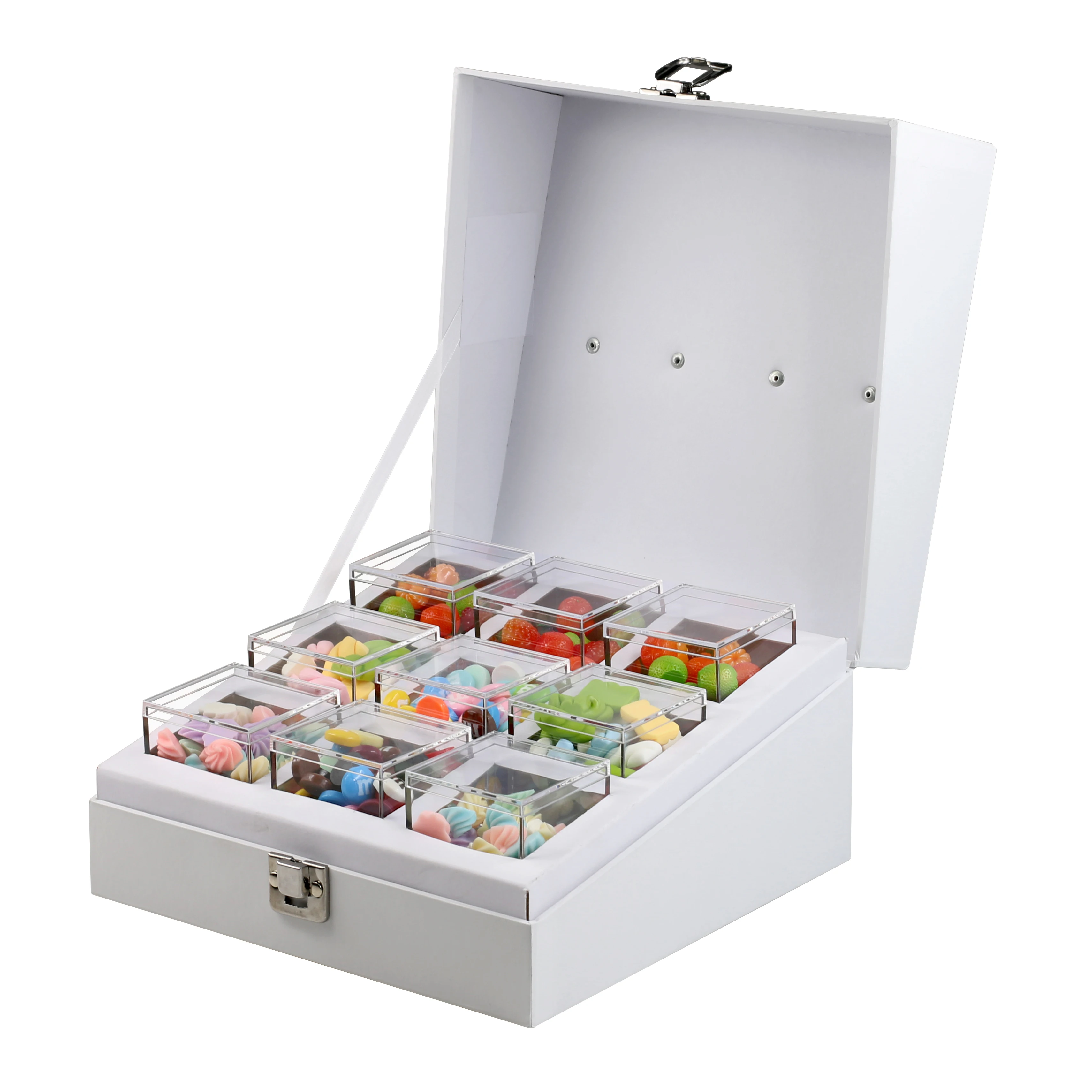 White Cardboard 9-Piece Candy Bento Box Lock Closure Merry Berries Dark Chocolate Sea Salt Caramels Sugar Trunk With Handle
