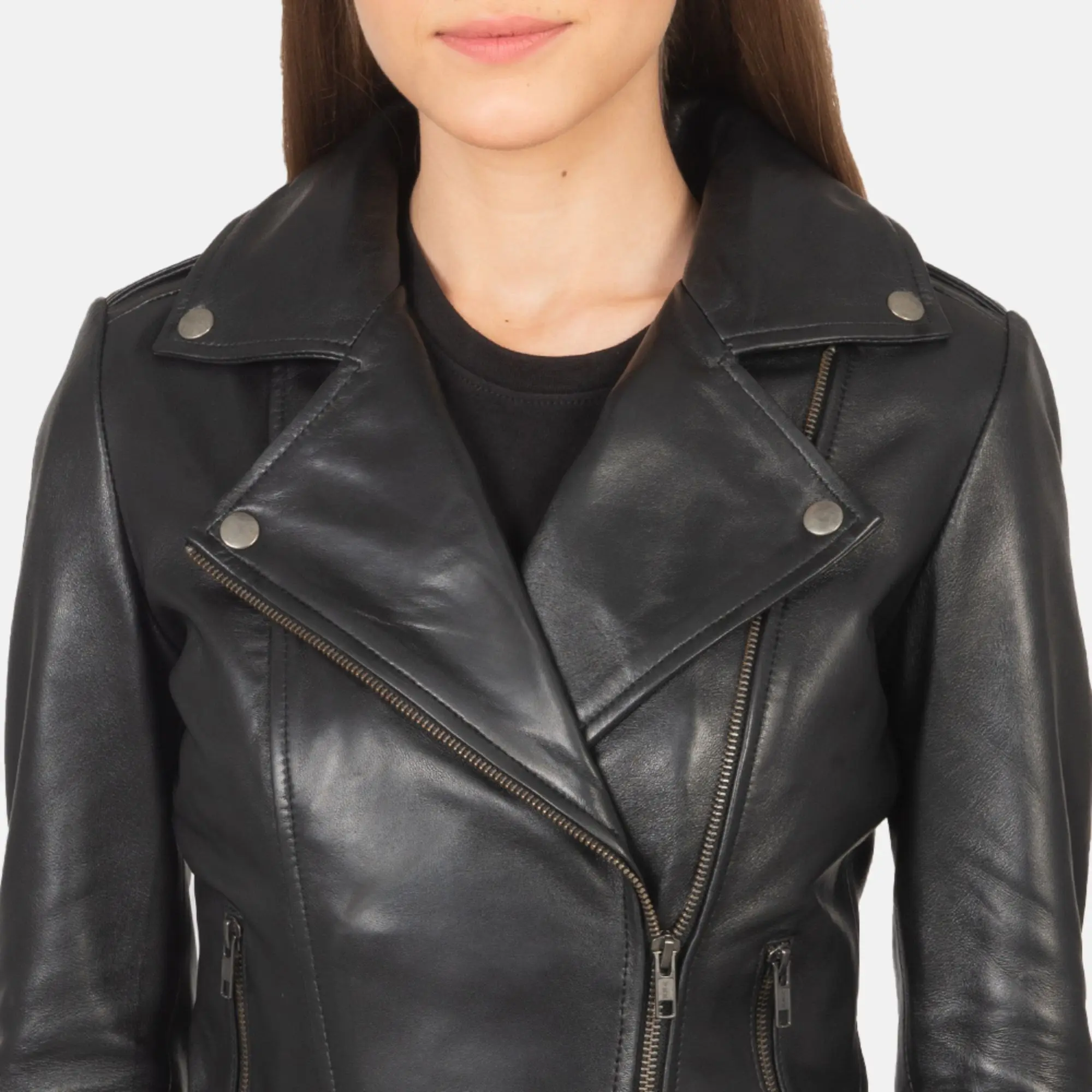 Real Leather Sheepskin Aniline Zipper Flashback Black Women Biker Jacket with Quilted Viscose Lining and Inside Outside Pockets