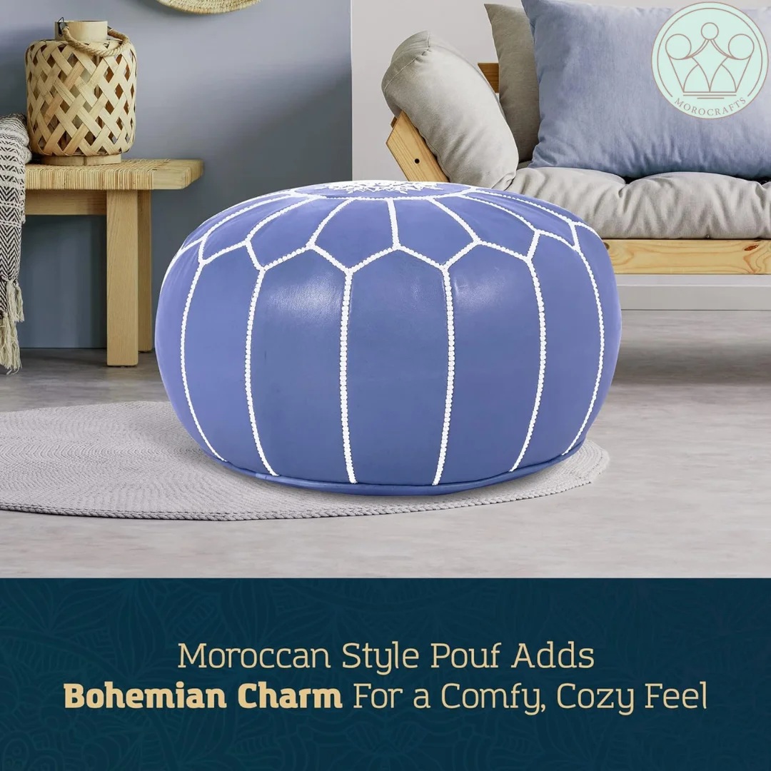 Morocco Craft Blue Genuine Leather Unstuffed Round Pouf - Ottoman Footrest, Footstool - Bohemian chic