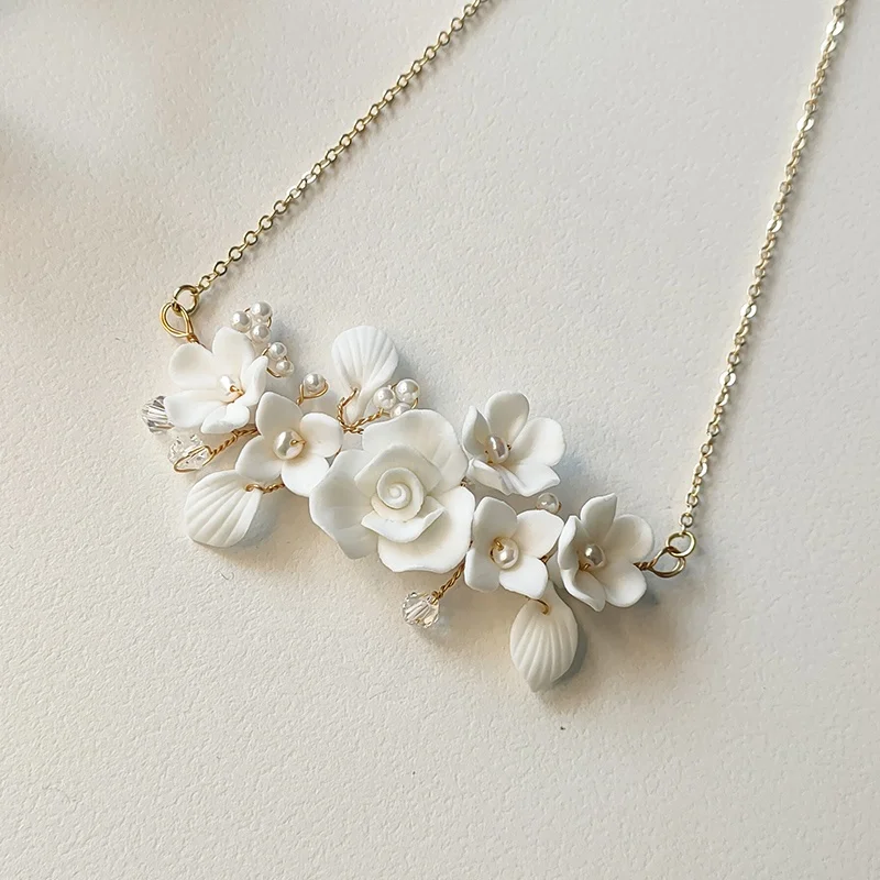 Handmade Wedding Jewelry Necklace Ceramic Flower Leaf Accessories Bridal Necklace With Porcelain Floral