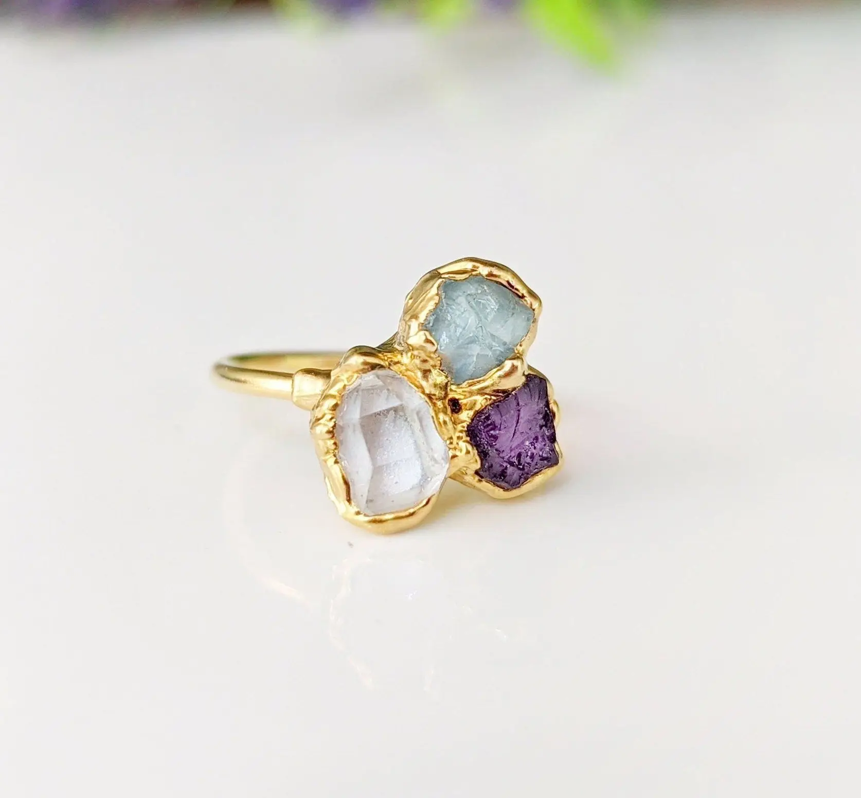 Raw aquamarine herkimer diamond amethyst stone electroplated Ring natural rough 18k gold plated ring gemstone jewelry minimalist