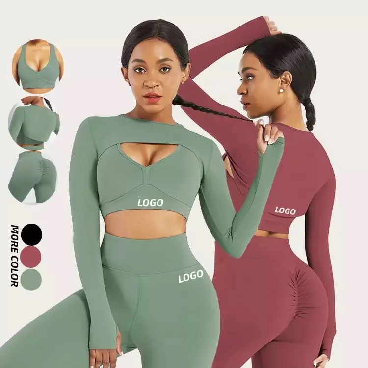 GAF Wholesale Plus Size Gym Clothes Seamless Yoga Suit Workout 3 Piece Exercise Active Wear Long Sleeve Yoga Sets Fitness Women