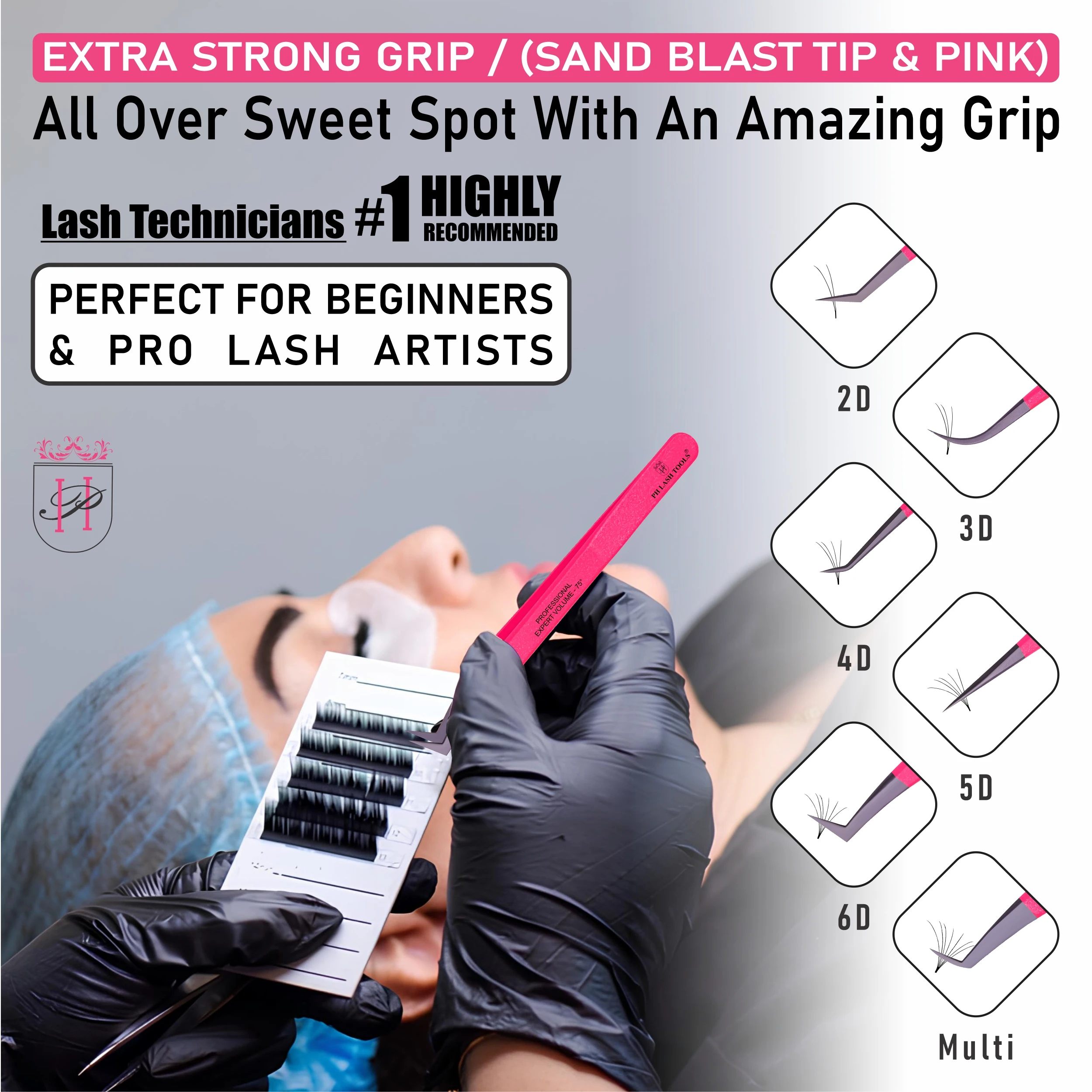 Eyelash Extension Tweezers Set of 6 Pieces Sand Blast Tip and Fluorescent Coated with Magnetic Case Private Label