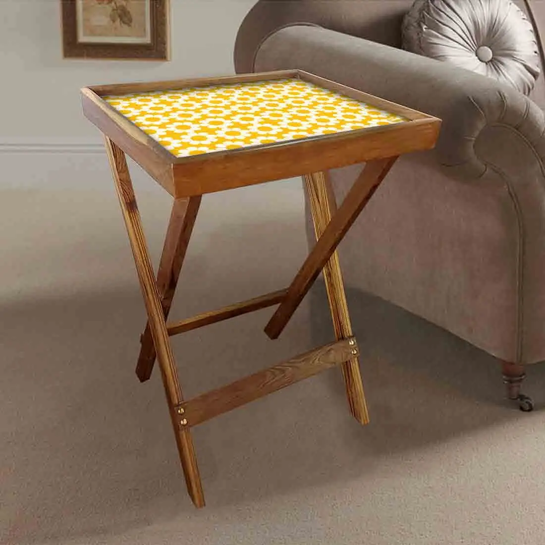Environmentally Friendly Removable Mango Wooden Folding Tray Table Excellent Yellow Flowers Design Convertible Home Furniture