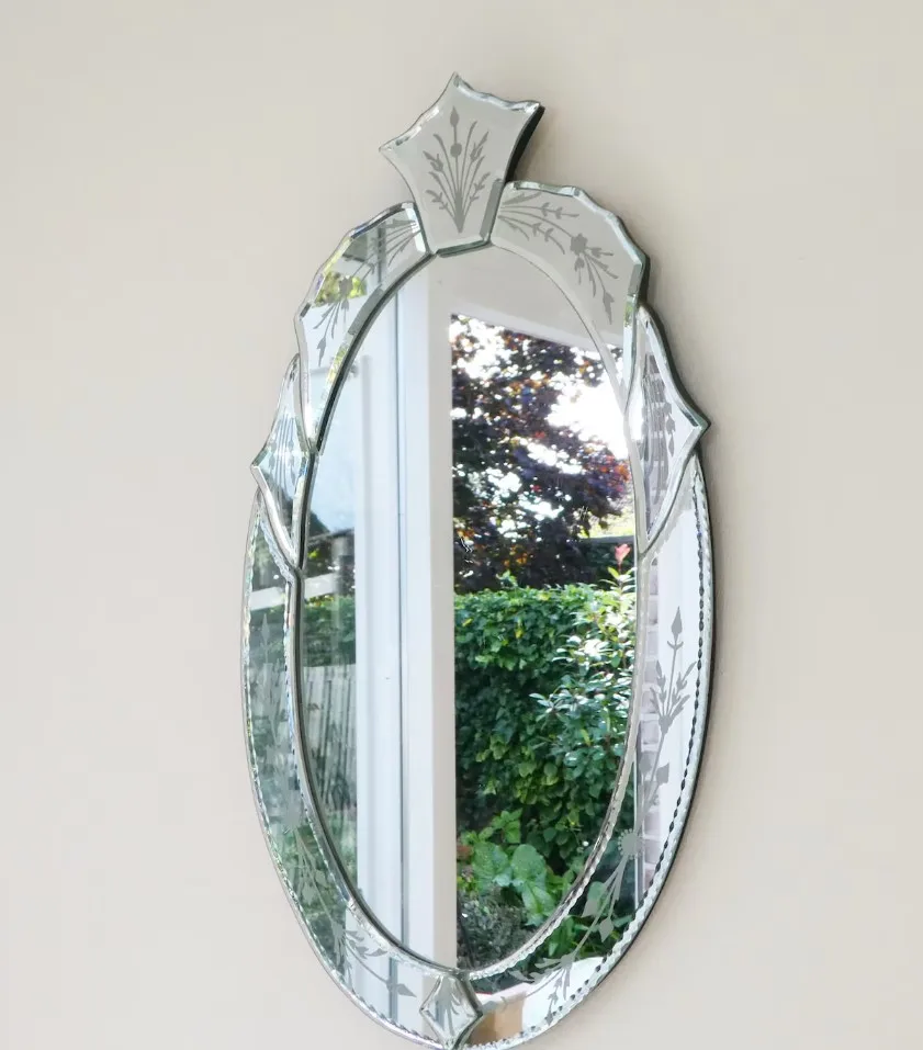 Vintage Small Oval Italian Murano Mirror, Venetian Ornate Beveled Wall Mirror