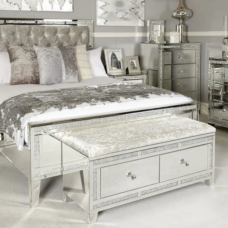 Diamond Glitz Bedroom 2 Drawer Chest Mirrored Velvet Bed End Ottoman Stool Bench with Storage for Bedroom