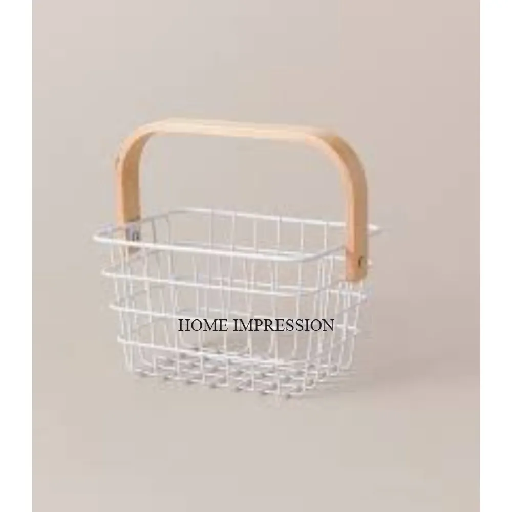 Fully White Color Powder Coated Metal Wire Made Frame With Wooden Handle For Best Grip Fruits And Bread Storage Organization