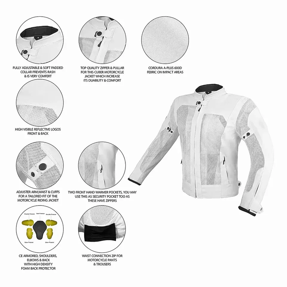 Custom Best Selling Motorbike Cardura Jackets White Color Breathable Mesh Jacket Motorcycle Jackets Cardura motorcycle