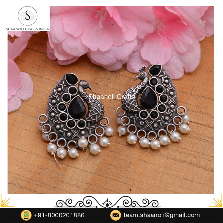 Indian Handmade Silver Oxidized Peacock Design Cute Studs Earrings Indian Jewelry for Women