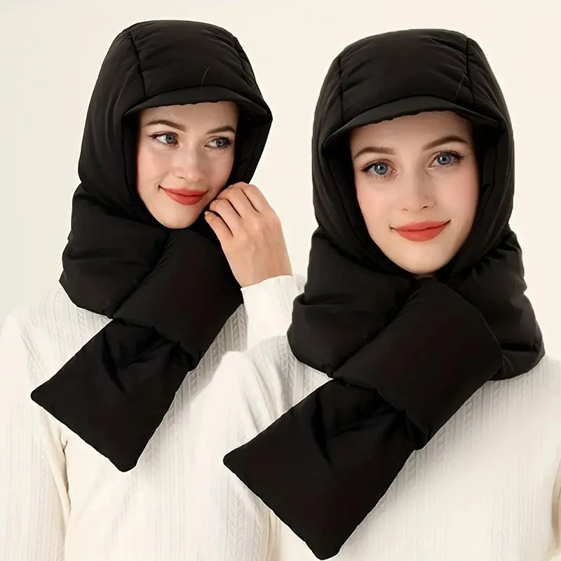Personalized Hooded Down Scarf Unisex Solid Color Thickened Warm Hat Neck Scarf Integrated Autumn & winter Coldproof Bucket Hat
