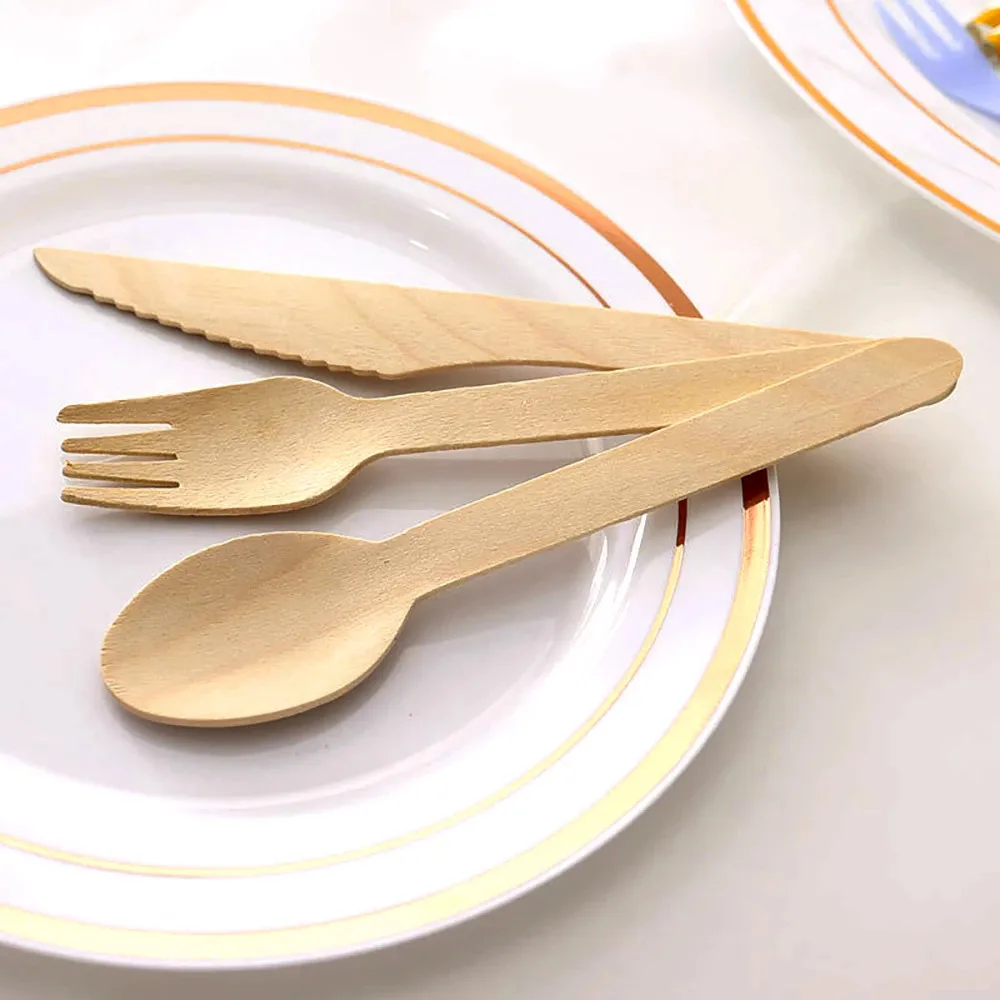 Compostable spoons wood forks disposable knife wooden cutlery set high quality fork and spoon single use