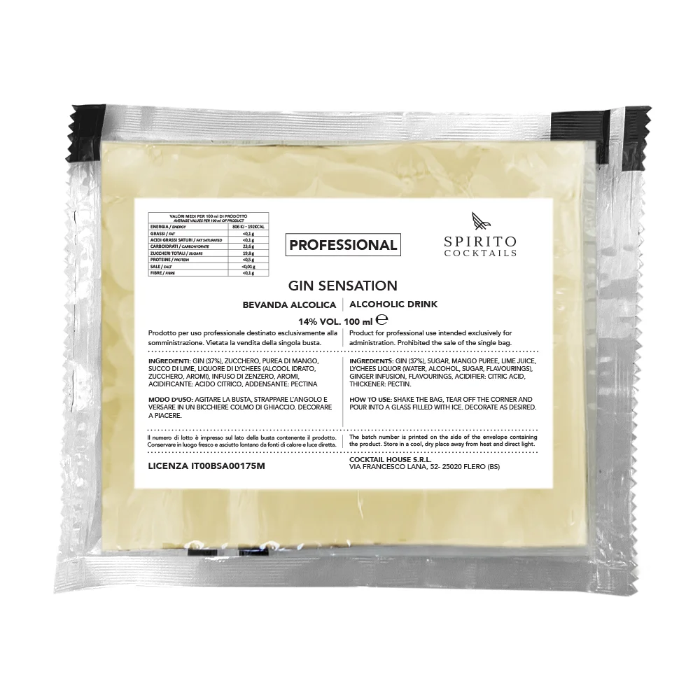 Pre mixed Gin Sensation artisanal quality made in Italy with craft spirits ideal for hotels and resorts