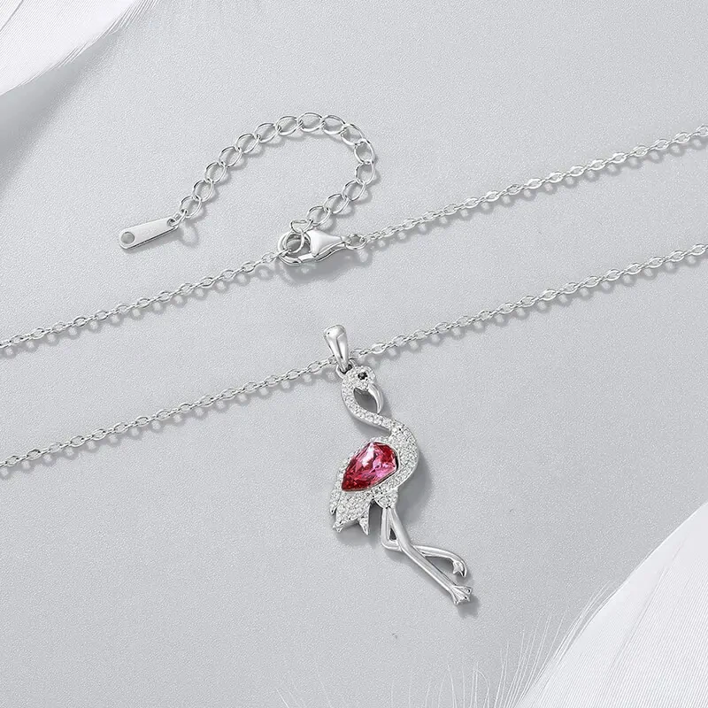 CDE YP1620 925 Sterling Silver Necklace Bird Crystal Stone Jewelry Pink Flamingo Pendant Necklace For Women