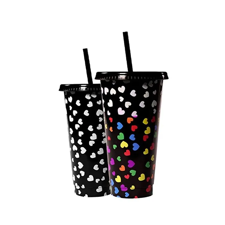 Wholesale Custom 24oz Plastic Reusable Cup For Coffee Tea Party Personalized Red Clear Color Changing Plastic Cup With Lid Straw