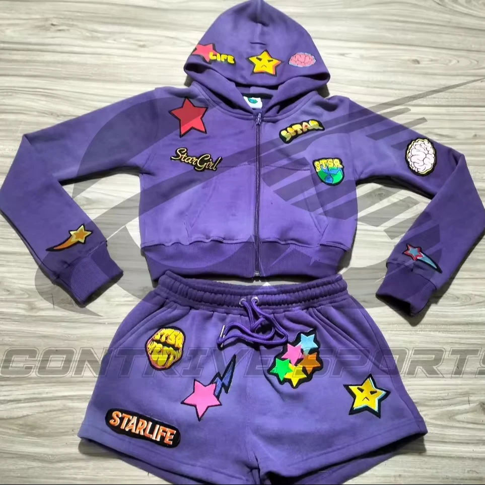 Custom Patch Work 100% Cotton Zip Up Acid Wash Cropped Hoodie And Shorts Set Two Pieces Vintage Tracksuit For Women