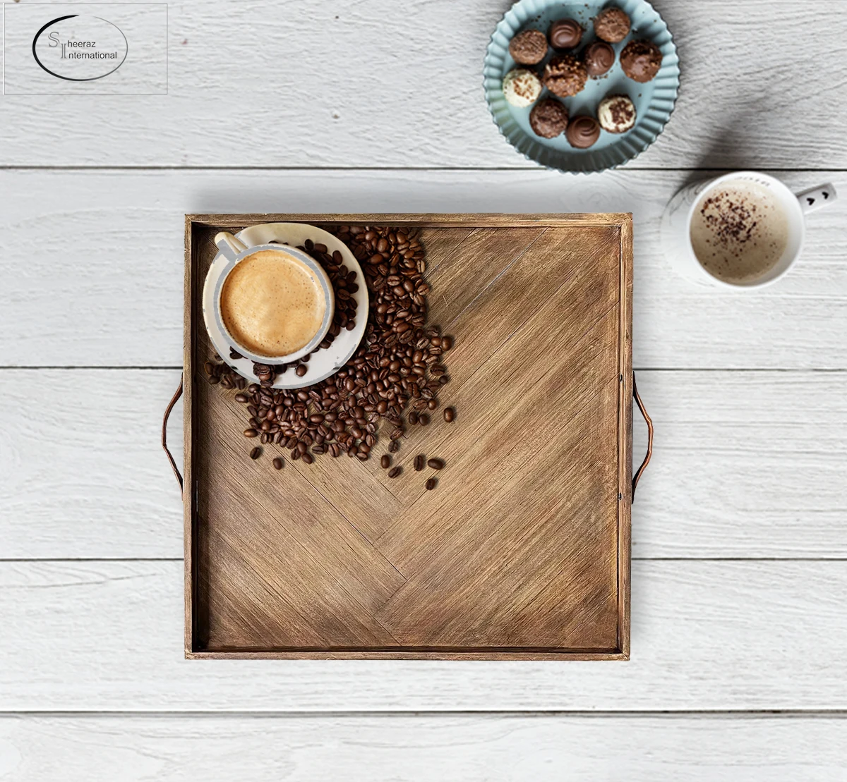 High Quality Square Large Ottoman Acacia Wooden Serving Tray with Leather Handles Commercial Restaurant Food Tray Breakfast Tray