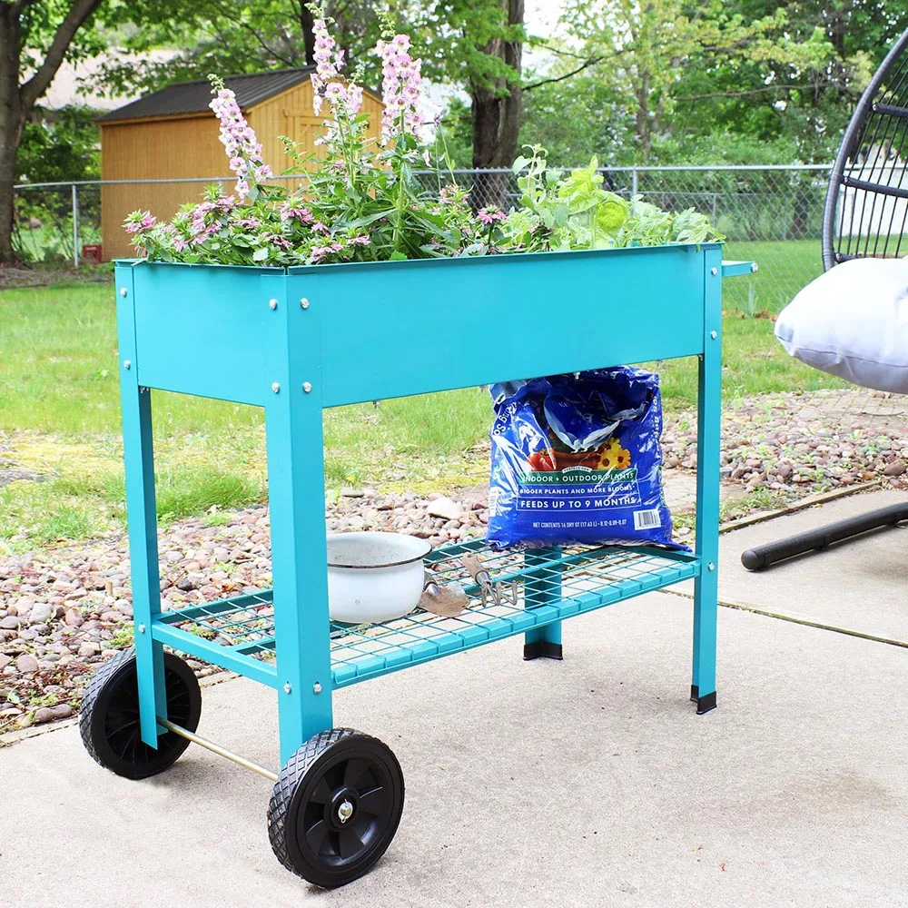 Большая посадочная поднятая садовая кровать с ножками, уличная металлическая посадочная коробка на колесах