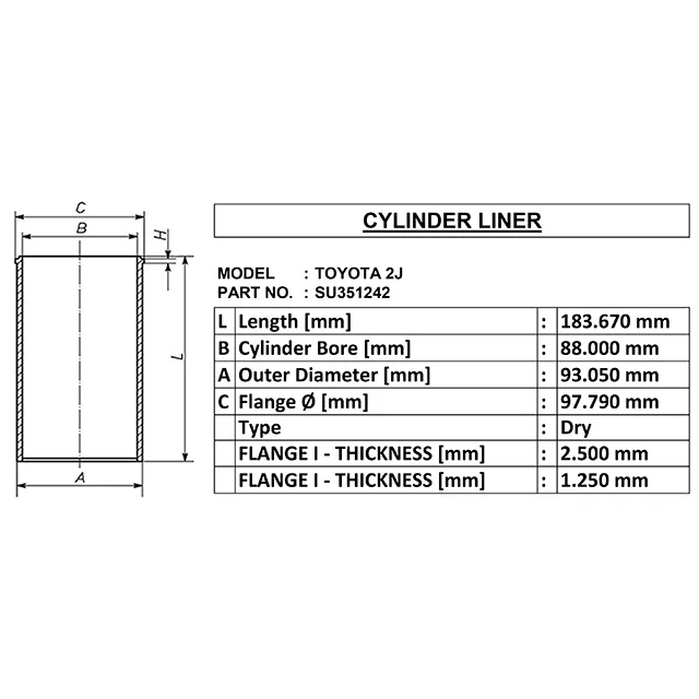 2j for Dry cylinder liner oe su351242 id 88 od 93.05 length 183.67 made in india