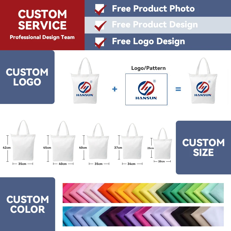 HANSUN Wholesale Large Recycled Heavy Duty 8 10 16 18 24 oz Cotton Canvas Shopping Tote Grocery Bag with Custom Print logo