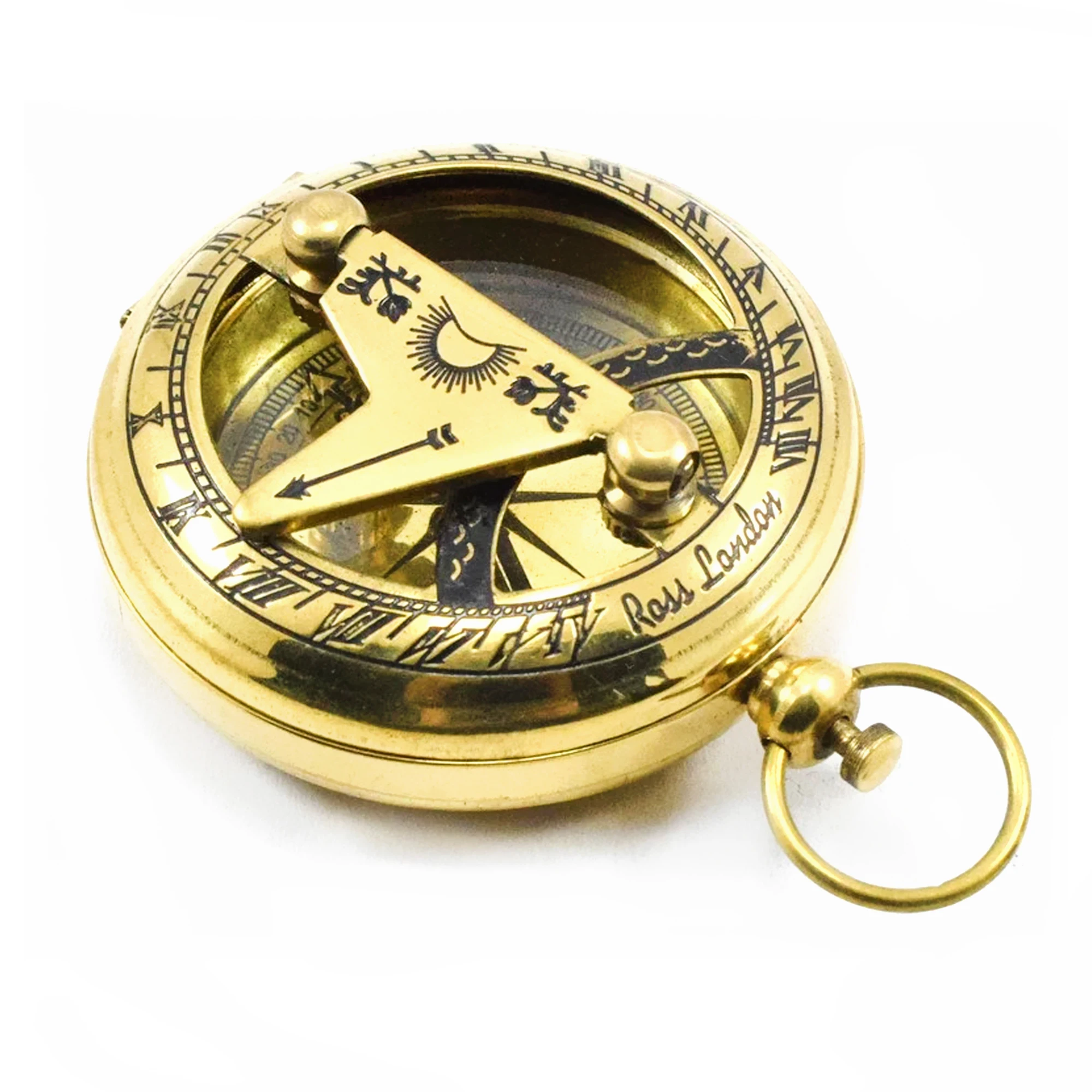 Brass Push Button Sundial Compass sundial pocket nautical brass compass antique style Ross London Direction Compass
