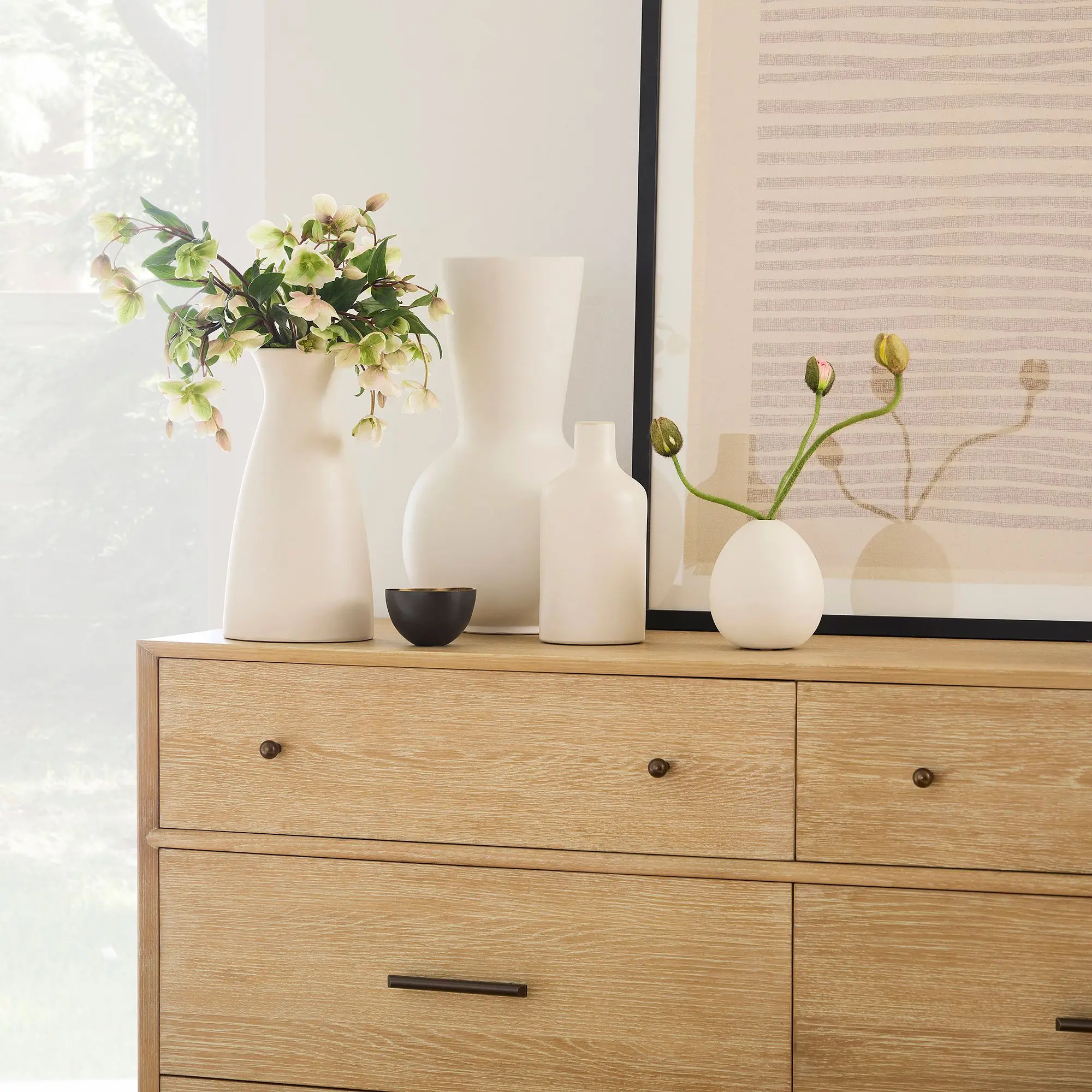 Mid Century Dresser 6 Drawers Wooden Material Natural Color and White Washed Bedroom Home Furniture