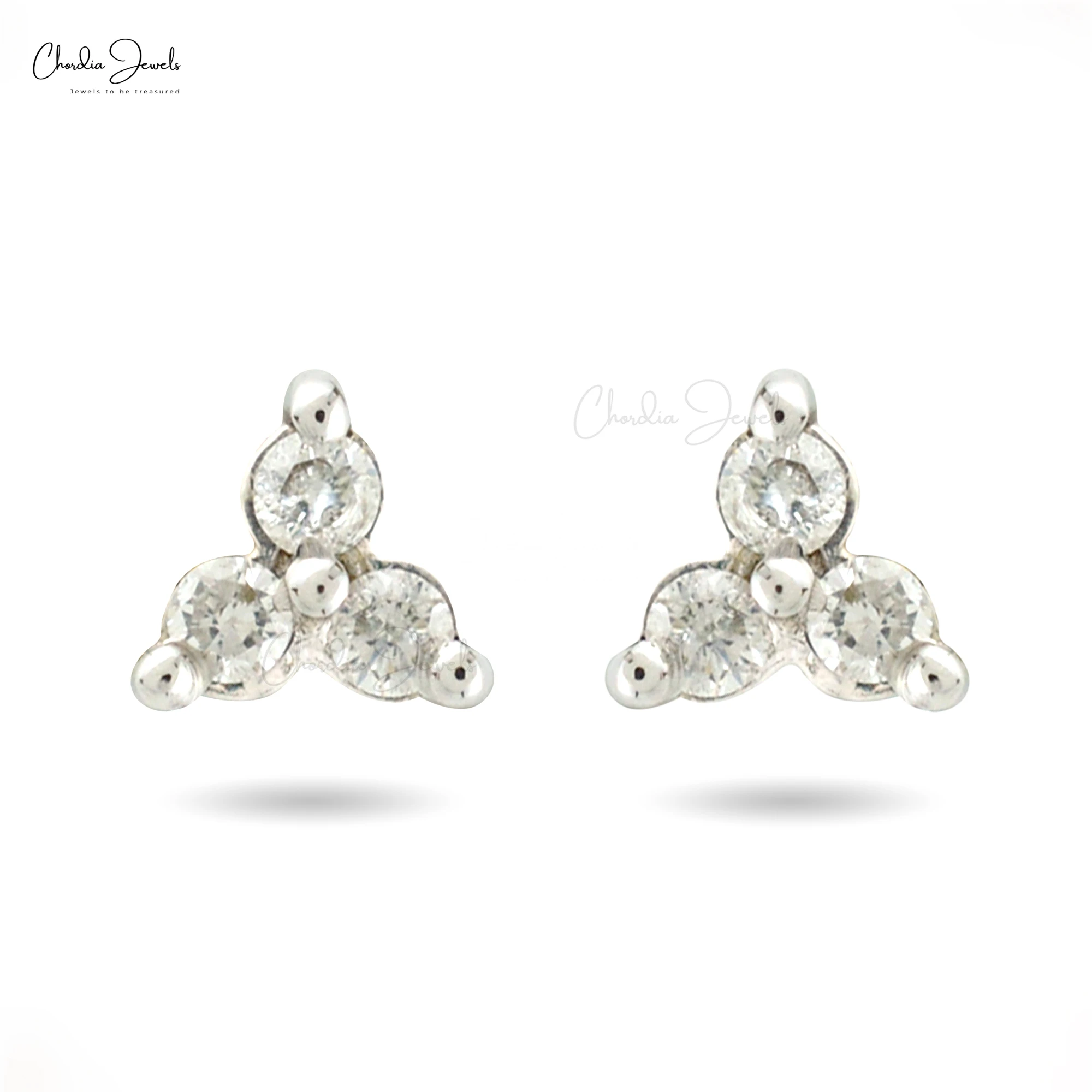 Top Selling 1.6mm White Diamond Stud Earrings 14k White Gold Brilliant Cut Three Stone Dainty Studs For Women At Wholesale Price