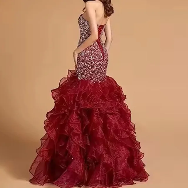Custom sexy modest women prom red evening dress tube sleeveless bodycon sequin straight folding lace cake-dress maxi dresses