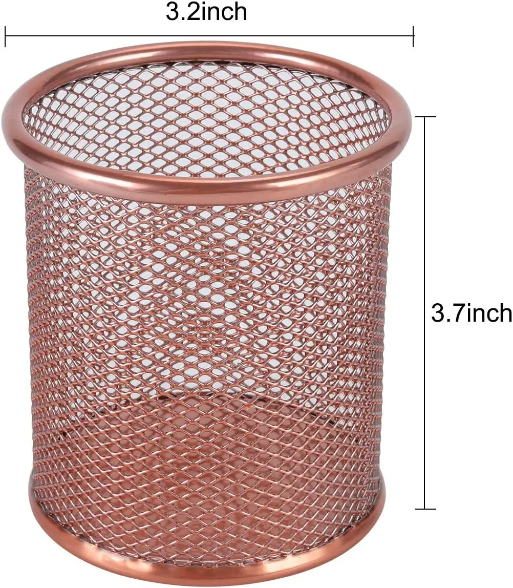 Elegant Set of 2 round Brass Pen Holders Rose Gold Metal Wire Pencil Organizer and Makeup Brush Holder for Desk