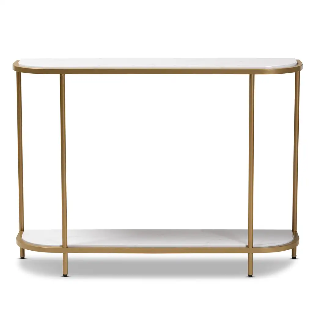 Luxury Console Table Cultivate An Air Of Luxury In Your Space A Minimalist Metal Frame And Two Oval Shaped Faux Marble Shelves