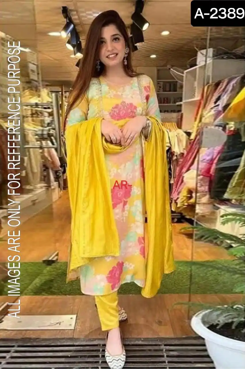 Indian  Heavy Mashin Silk with Complete Lining Fancy Digital Print and Nake Embroidery Design Work Kurtis with Bottom and Dupatt