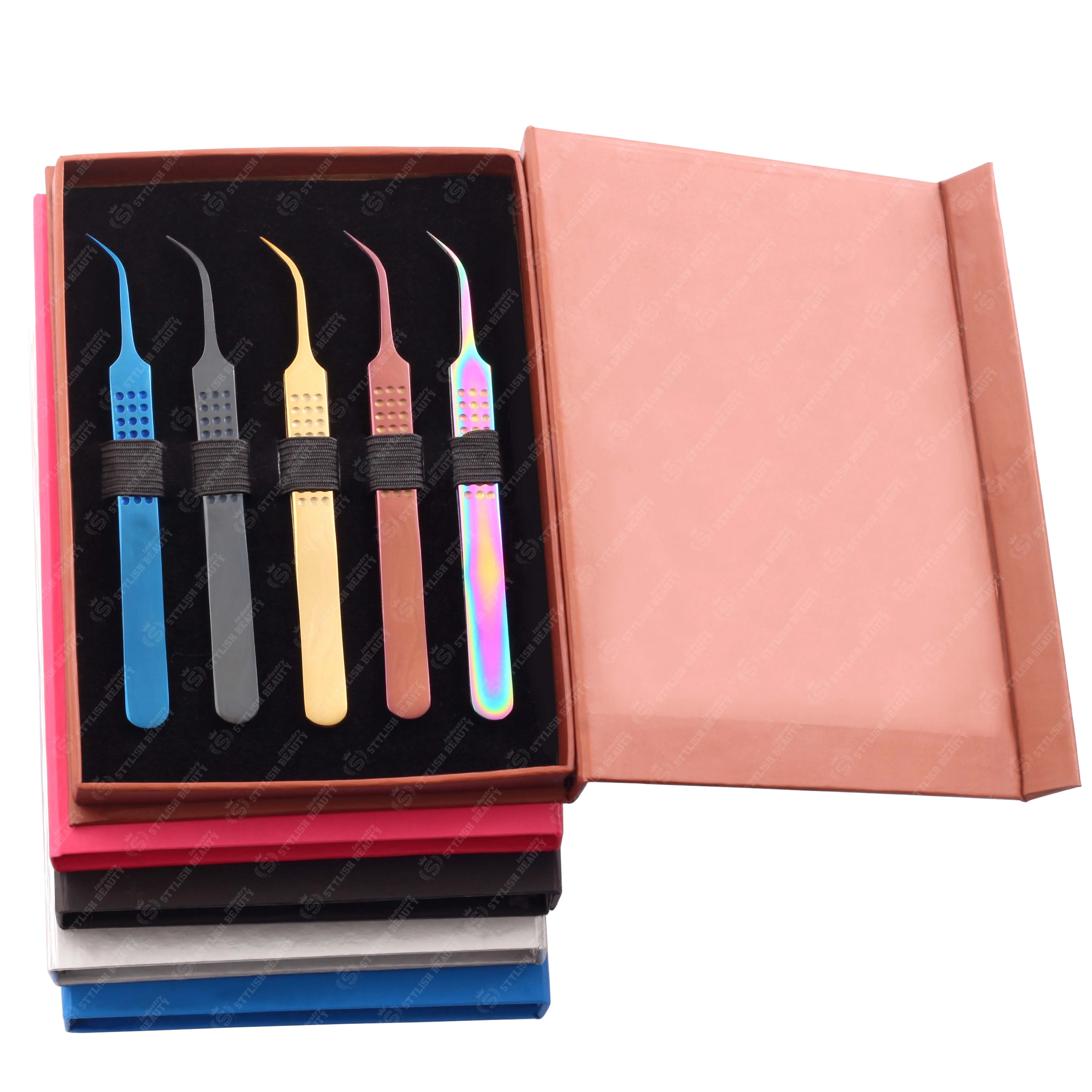 Lash Extension Tweezers Bulk Volume Eyelash Tweezers Plasma Black With Matching 5 Pieces Box Packing Custom logo