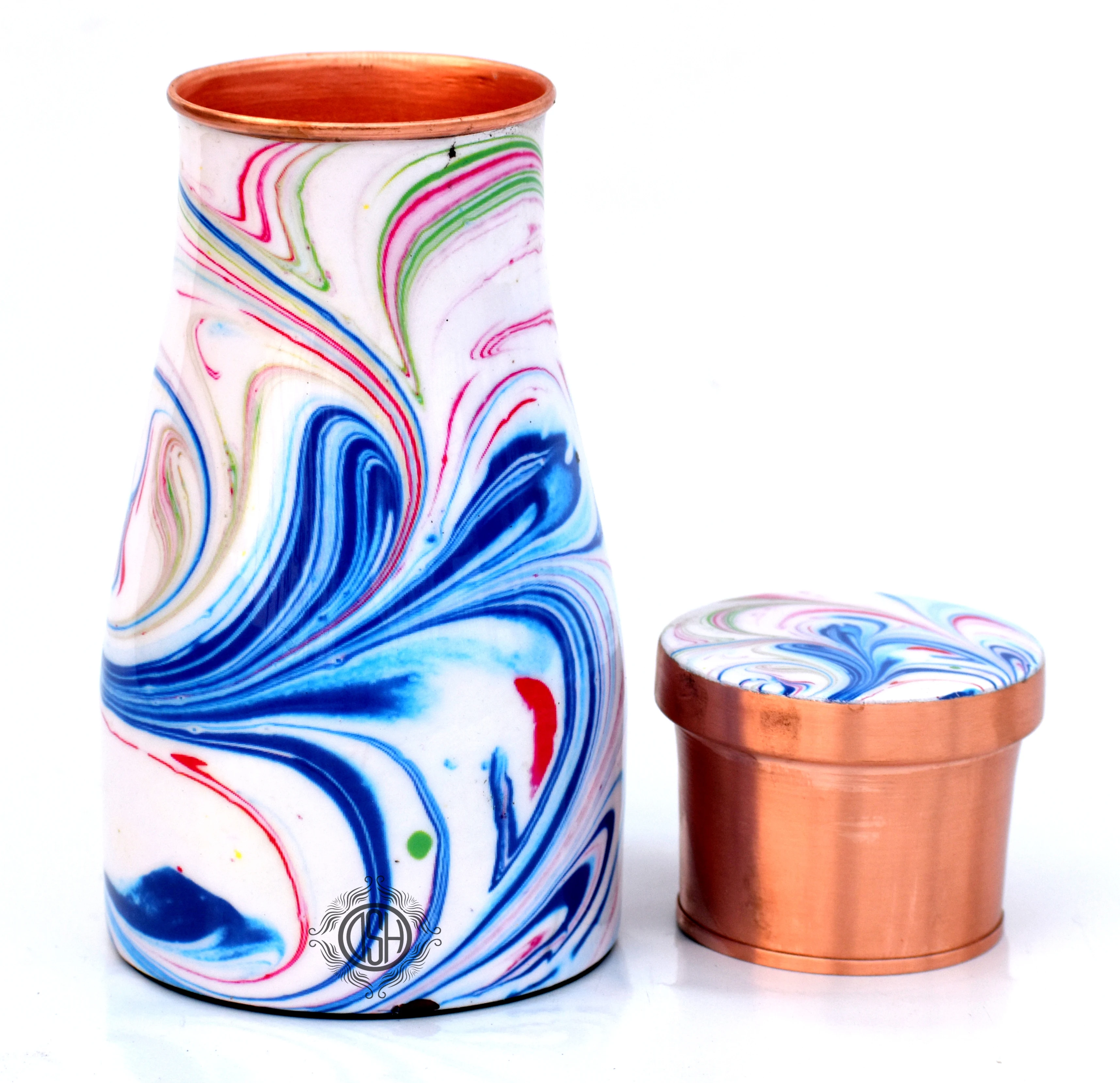 Copper Bedroom Bottle Jug With Inbuilt Glass Joint Free Bedside Enamel Printed Copper Water Pot Best Selling Copper Bedroom Jar