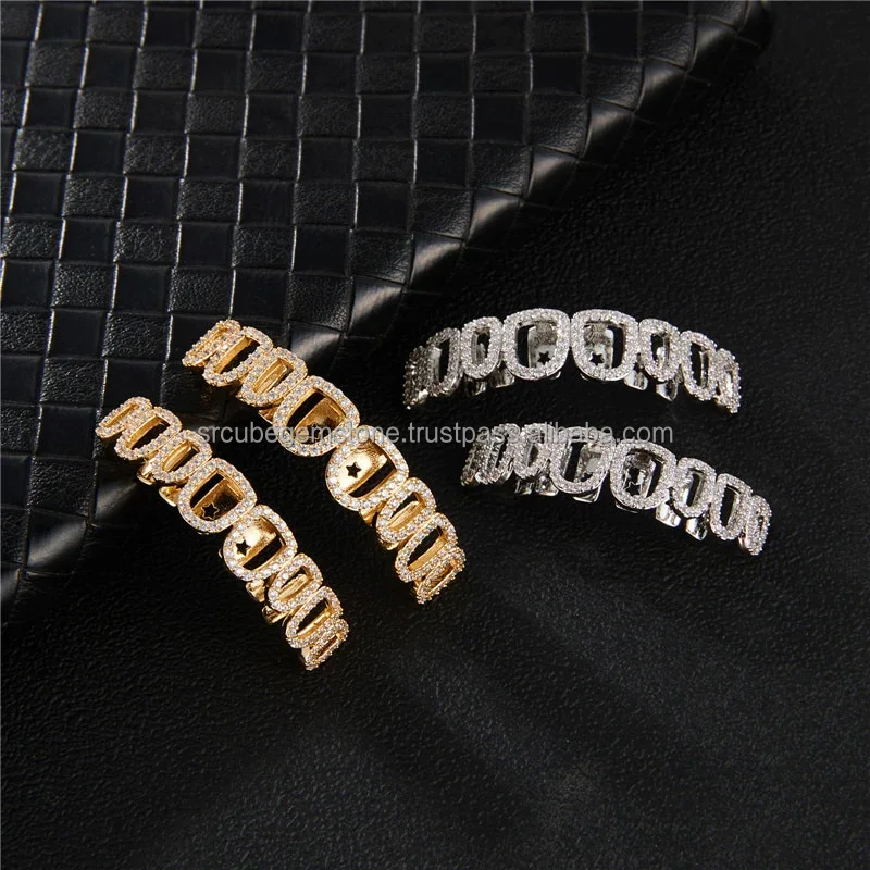 Hip Hop Iced Out Full Diamond Hollow  Rounded Open Face 8 Teeth Grillz Set Gold Top Bottom Dental Diamond Grillz For Men Jewelry