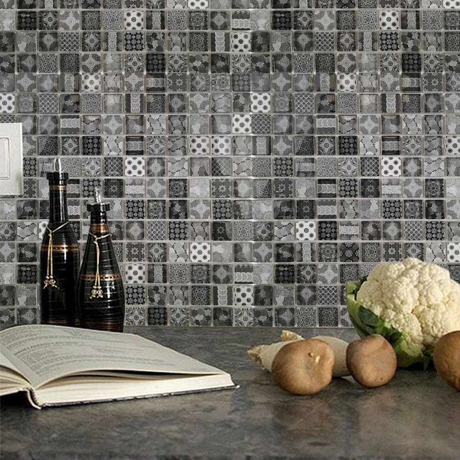 GUCI Moroccan style small chip ceramic glass mosaic white black grey wall floor backsplash tile