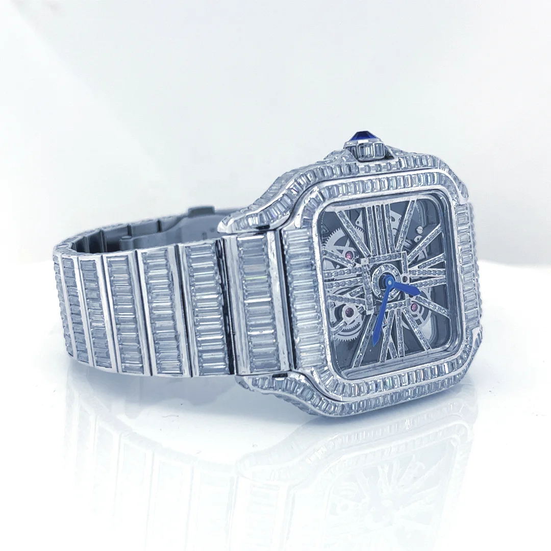 Luxury Brand Stainless Steel Iced Out Vvs Moissanite Diamond Bling Handmade Hip Hop Customized Mechanical Square Shape Watch