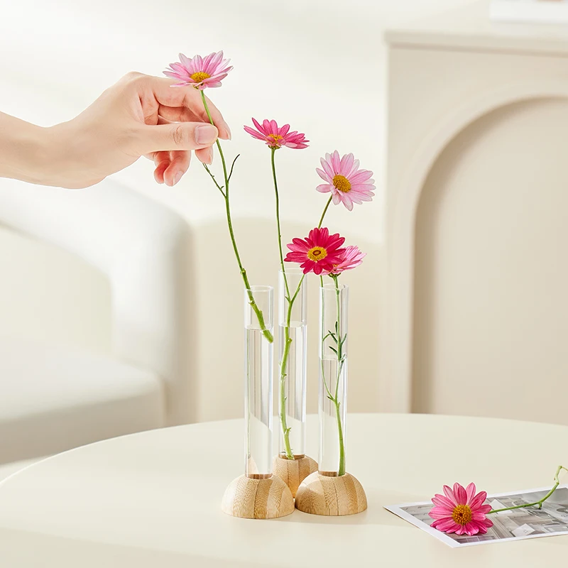 Hydroponic Vase with Bamboo Seat Plastic Flower Vase for Home Decor Creative Test Tube Vase