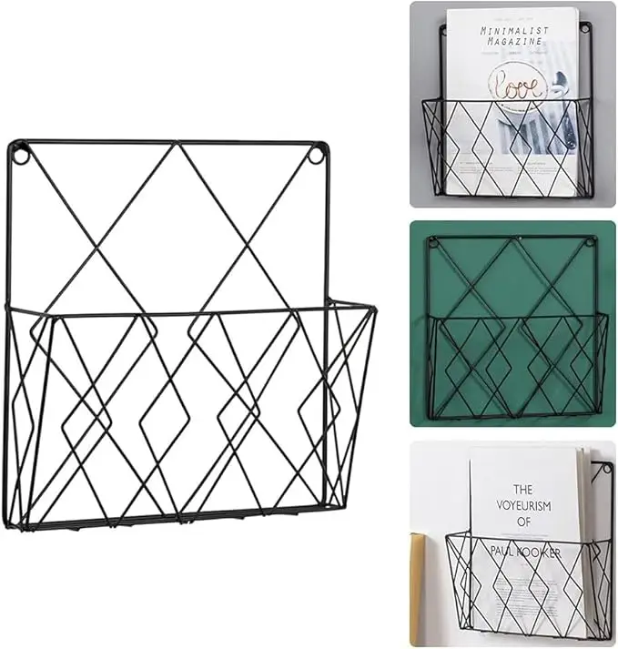 Wall Mounted Industrial Magazine Holder Matte Black Metal Wire Document Files and Magazine Rack