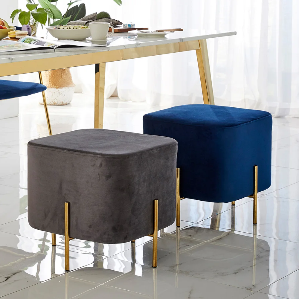 Luxury Bar Stool Modern Comfortable Velvet fabric Golden Steel Leg Square Sitting Ottoman Foot Stool Pouf for Home Hotel Shop