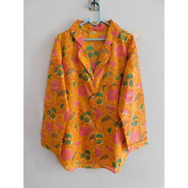 Women Long Sleeve Night Suit Pajama Set Indian Hand Block Floral Printed Cotton Casual Comfortable Sleepwear Dress