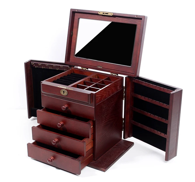 High Quality Leather Organizer Mirror Lockable Box Jewelry Luxury Bracelet Ring Portable Wholesale Necklace Logo Printing