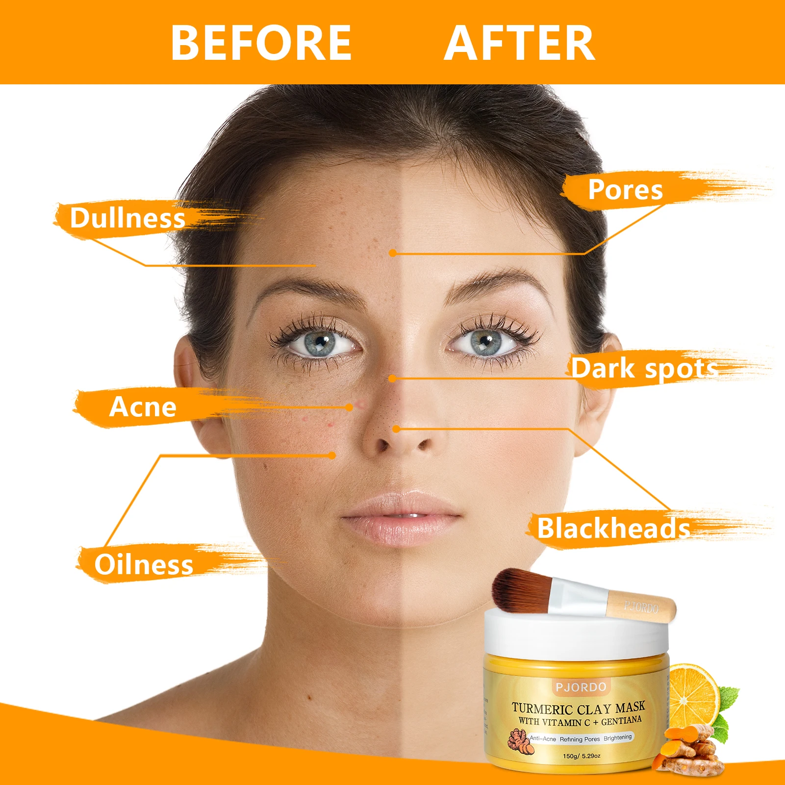 Private Label OEM/ODM Organic Turmeric Vitamin C Facial Mud Mask Face Skin Care Anti-Acne Refining Pores Brightening Clay Mask