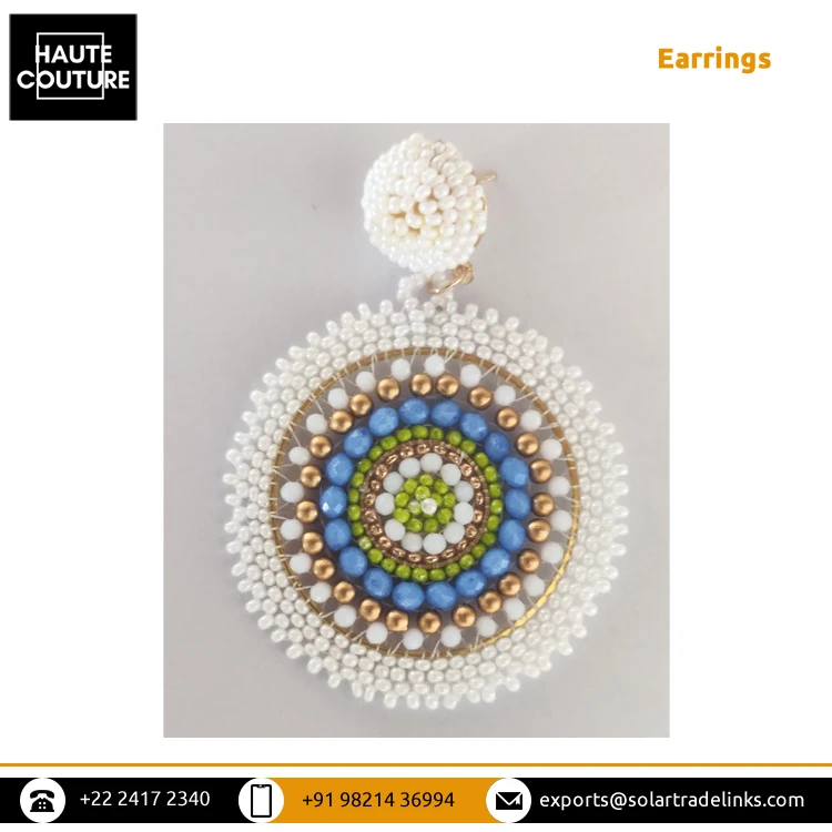 Stunning Collection of Handmade Beaded Earrings - Ivory Blue Green Beaded Round Shape Fashionable Party Wear Earrings