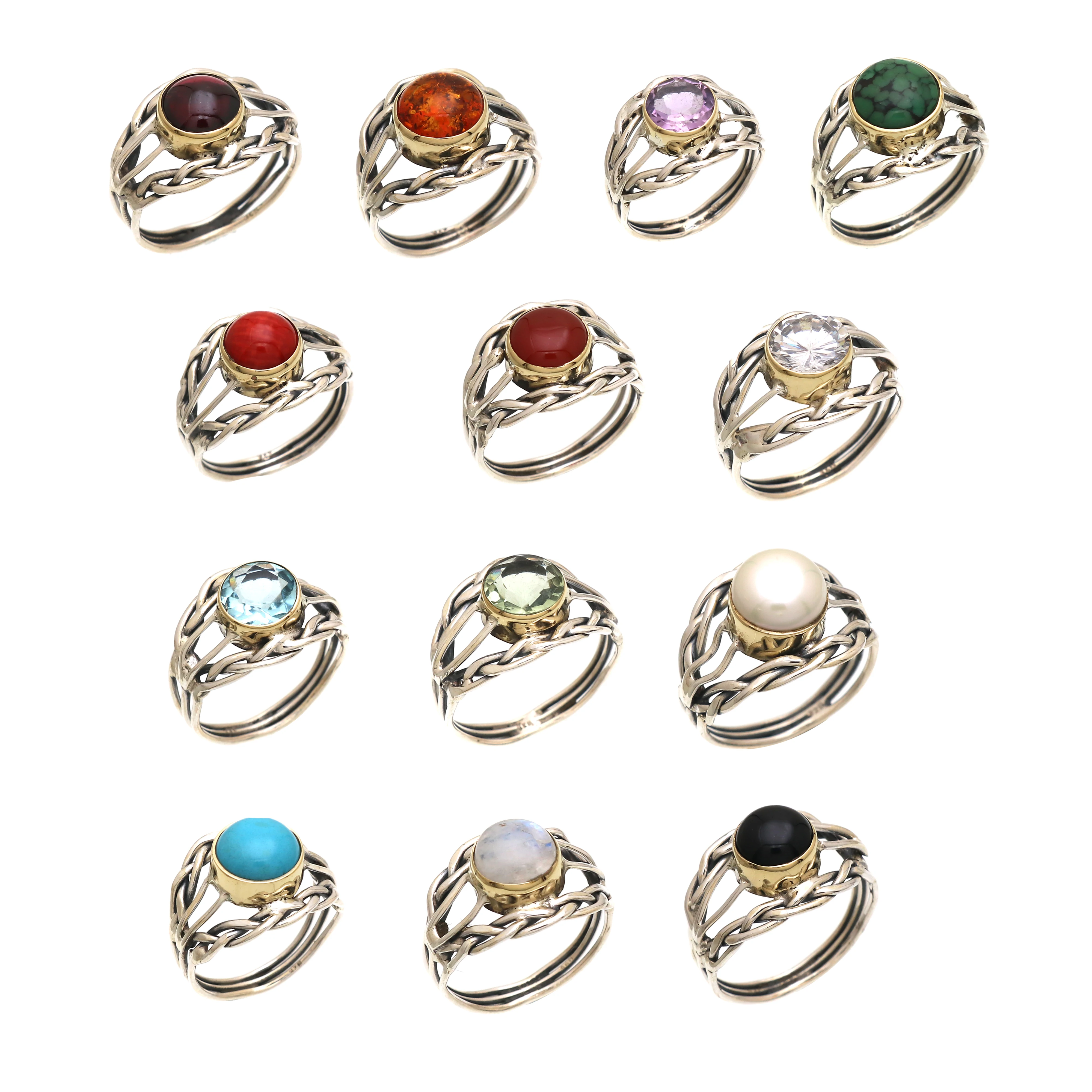 Wholesale Natural 925 Sterling Silver Ring Handmade Birthstone Wedding Party Gift Mom Wife-Garnet Amber Amethyst Coral Red Onyx