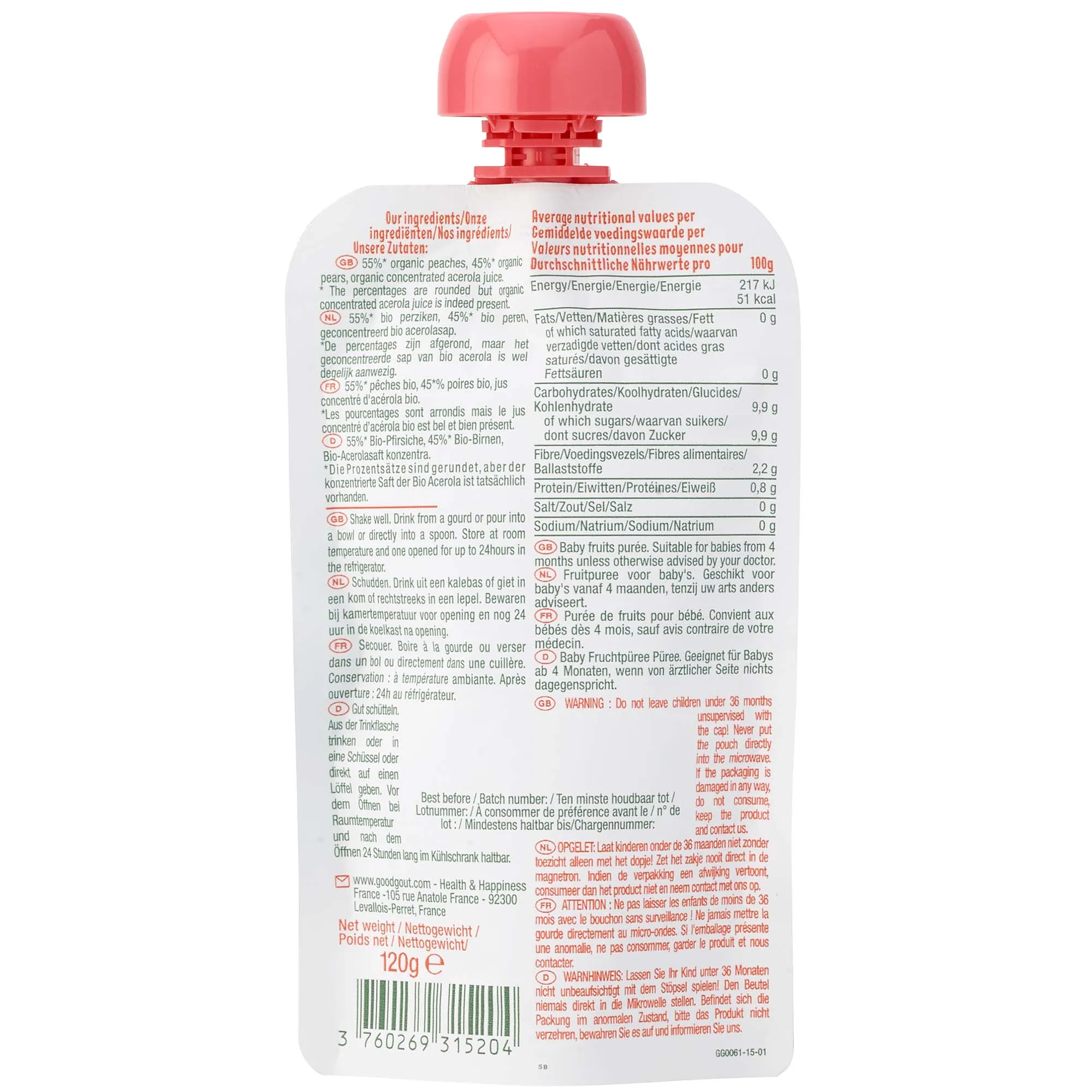 Organic French Baby Food Peach Pear Fruit Snack Puree Baby Feeding Product